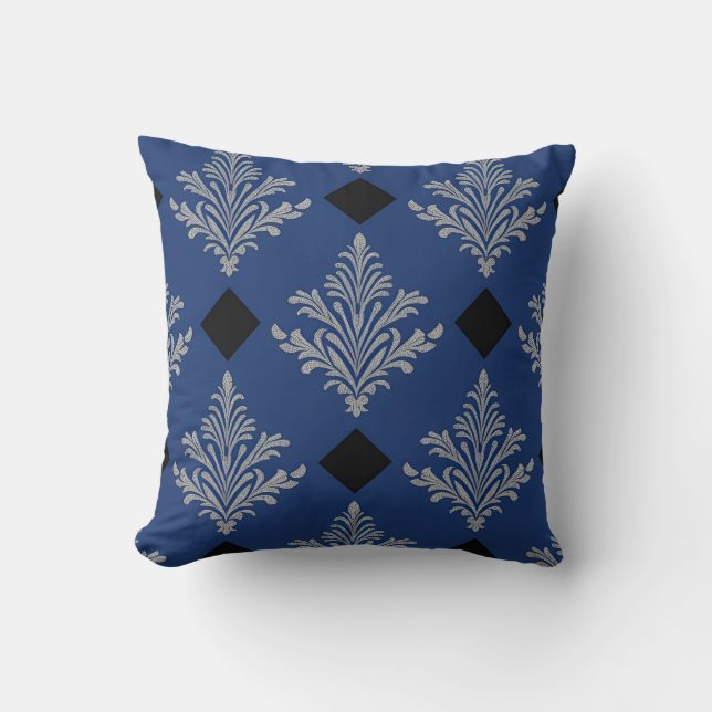 Royal Blue, Black and Silver Damask Style Cushion (Front)