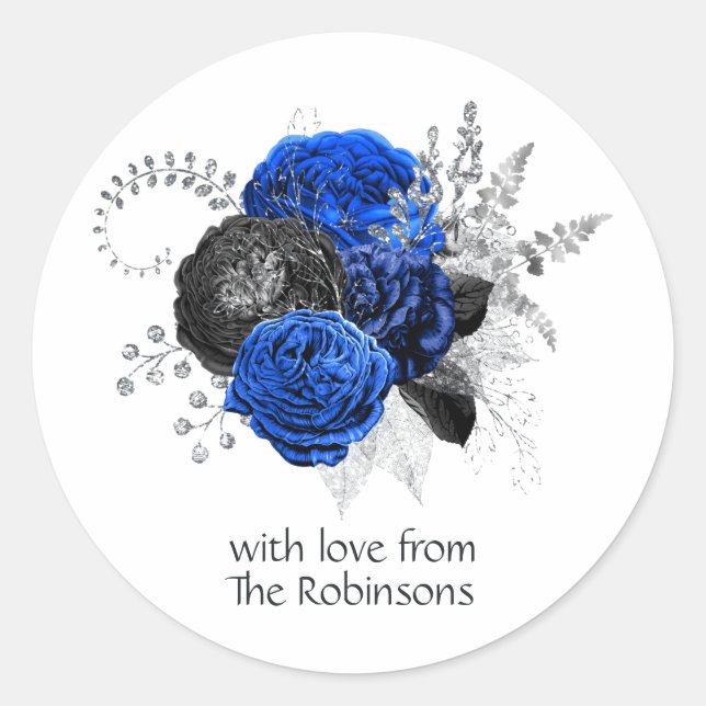 Royal Blue, Black and Silver Floral Classic Round Sticker (Front)