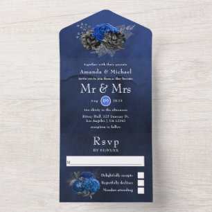 Royal Blue, Black and Silver Floral Wedding All In One Invitation
