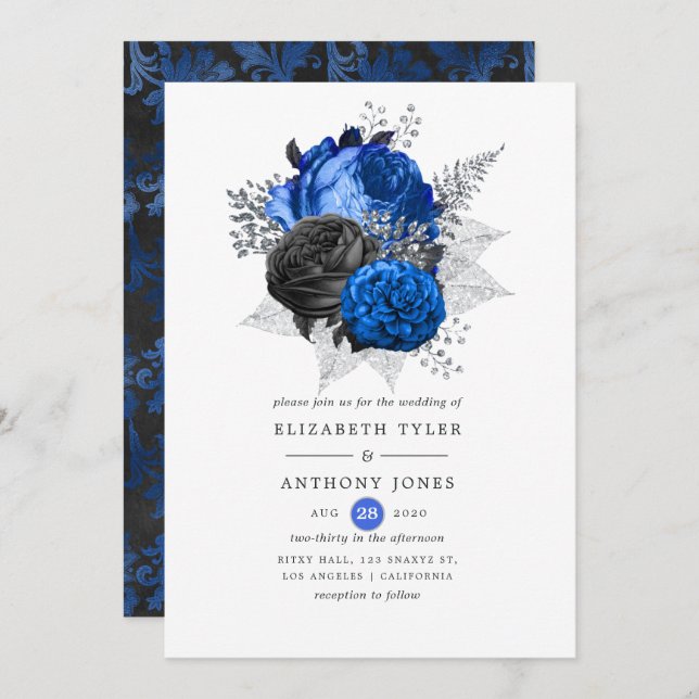 Royal Blue, Black and Silver Floral Wedding Invitation (Front/Back)