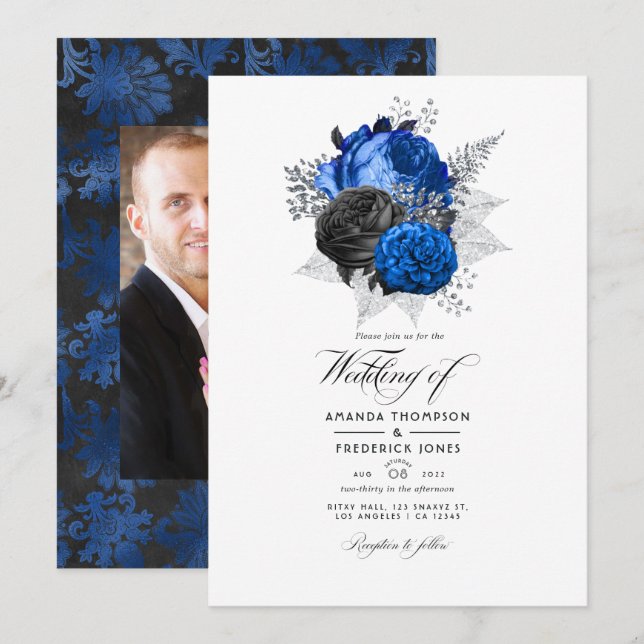 Royal Blue, Black and Silver Floral Wedding Photo Invitation (Front/Back)