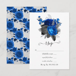 Royal Blue, Black and Silver Floral Wedding RSVP Card