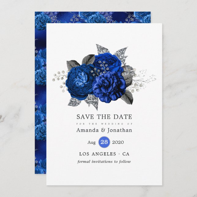 Royal Blue, Black and Silver Floral Wedding Save The Date (Front/Back)