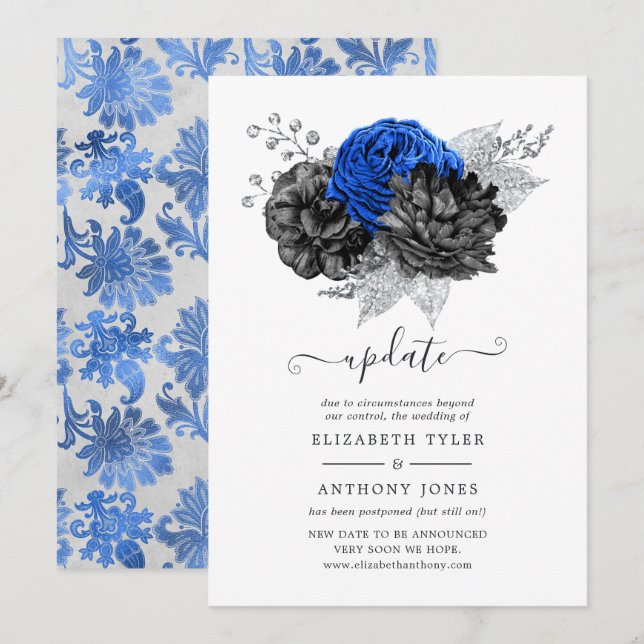 Royal Blue, Black and Silver Floral Wedding Update Invitation (Front/Back)