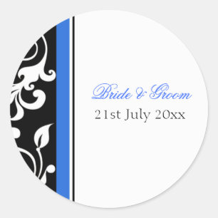 Royal Blue Black and White Swirl Floral Wedding  Classic Round Sticker