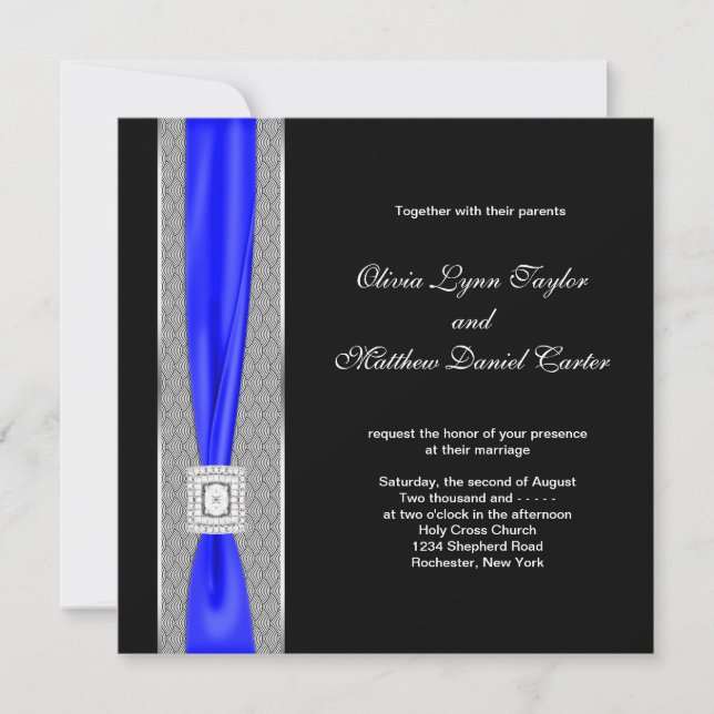 Royal Blue Black Blue Bow Wedding Invitation (Front)