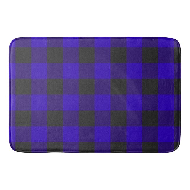 Royal Blue Black Buffalo Plaid Check Bath Mat (Front)