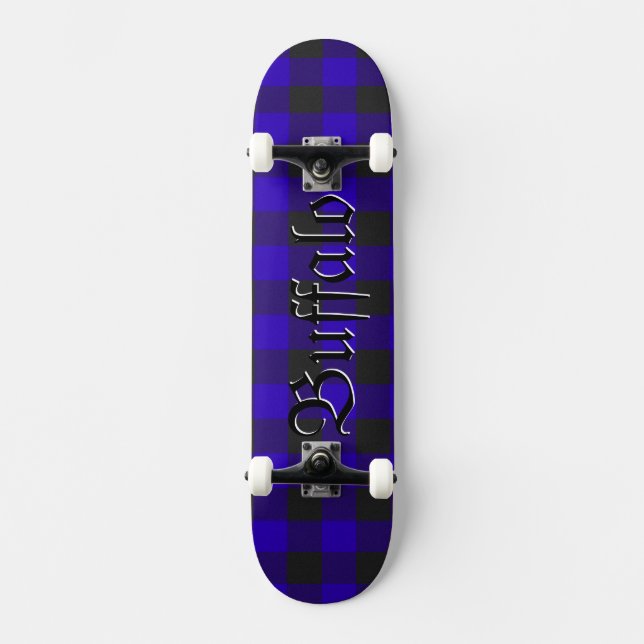 Royal Blue Black Buffalo Plaid Check Skateboard (Front)