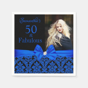 Royal Blue Black Floral Damask 50th Birthday Photo Napkin