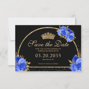 Royal Blue Black Gold Glitter Floral Quinceanera Save The Date
