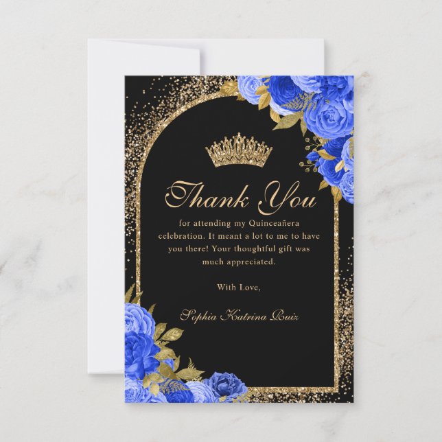 Royal Blue Black Gold Glitter Floral Quinceanera Thank You Card (Front)