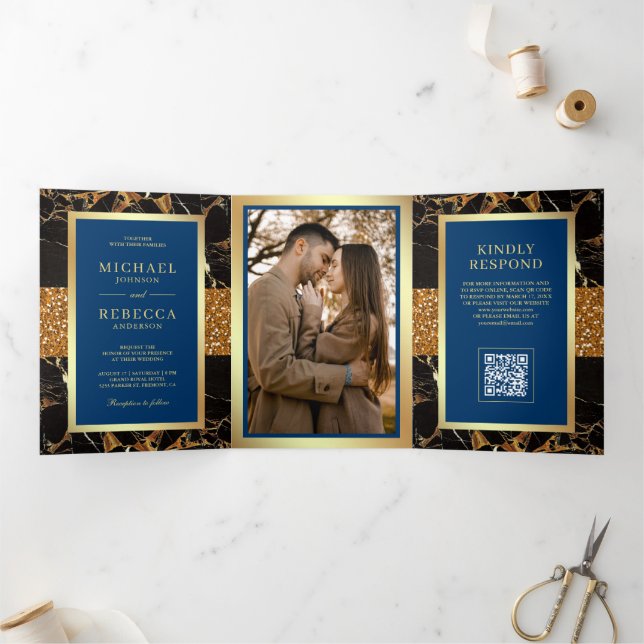 Royal Blue Black Marble Gold QR Code Wedding Tri-Fold Invitation (Inside)
