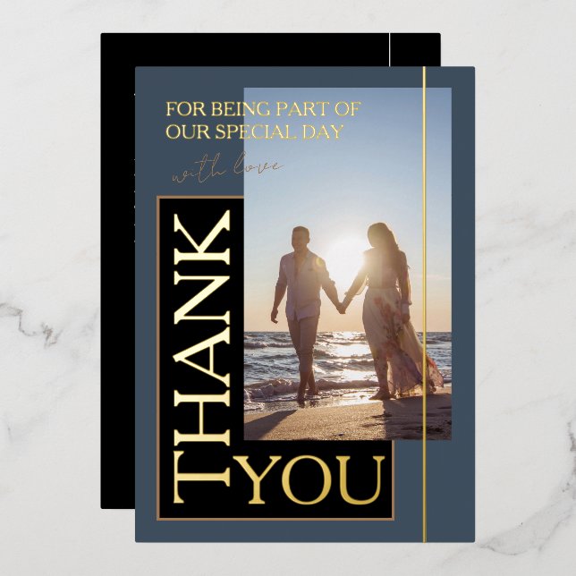 Royal Blue Black Photo Wedding Thank You Gold (Front/Back)