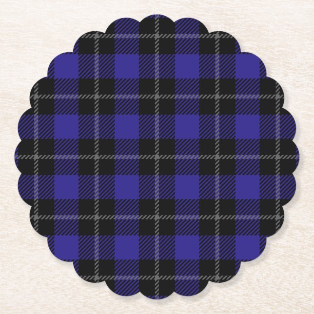 Royal Blue Black Plaid Paper Coaster (Front)