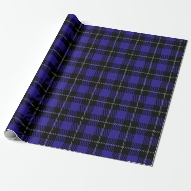 Royal Blue Black Plaid Wrapping Paper (Unrolled)