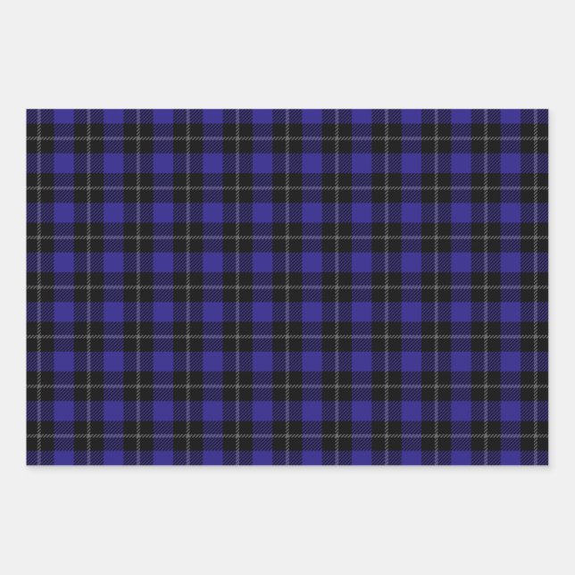 Royal Blue Black Plaid Wrapping Paper Sheet (Front)