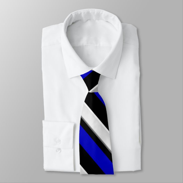Royal Blue Black & Silver Diagonally-Striped Tie (Tied)