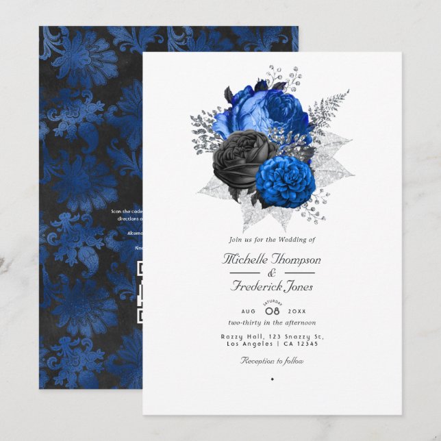 Royal Blue, Black & Silver Floral QR Code Wedding Invitation (Front/Back)