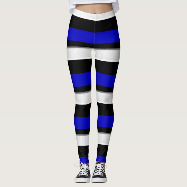 Royal Blue Black & Silver Horizontally-Striped Leggings (Front)