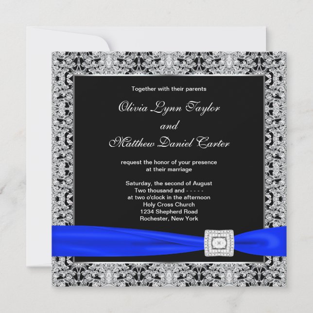 Royal Blue Black Silver Lace Wedding Invitation (Front)