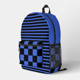 Royal Blue Black Vintage Chequered and Striped Printed Backpack