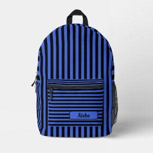Royal Blue Black Vintage Striped Name Printed Backpack