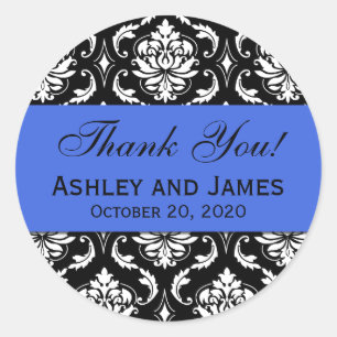 Royal Blue Black Wedding Damask Thank You Classic Round Sticker