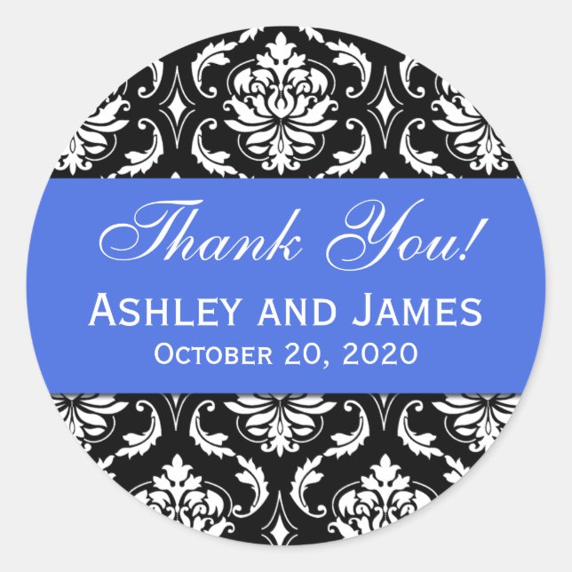 Royal Blue Black Wedding Damask Thank You Label (Front)