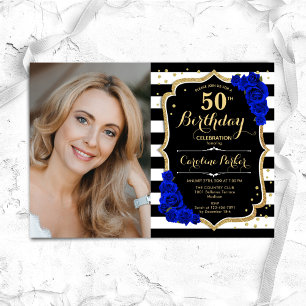 Royal Blue Black White Stripes Photo 50th Birthday Invitation