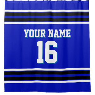 Royal Blue Black White Stripes Sports Jersey Shower Curtain