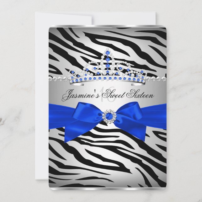 Royal Blue & Black Zebra Sweet 16 Birthday Party Invitation (Front)