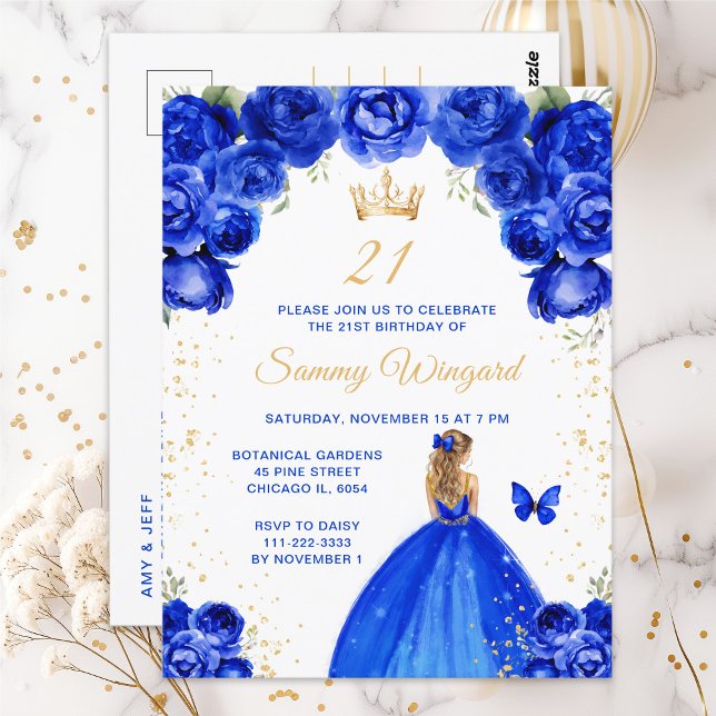 Royal Blue Blonde Hair Princess Birthday Party Postcard (Creator Uploaded)