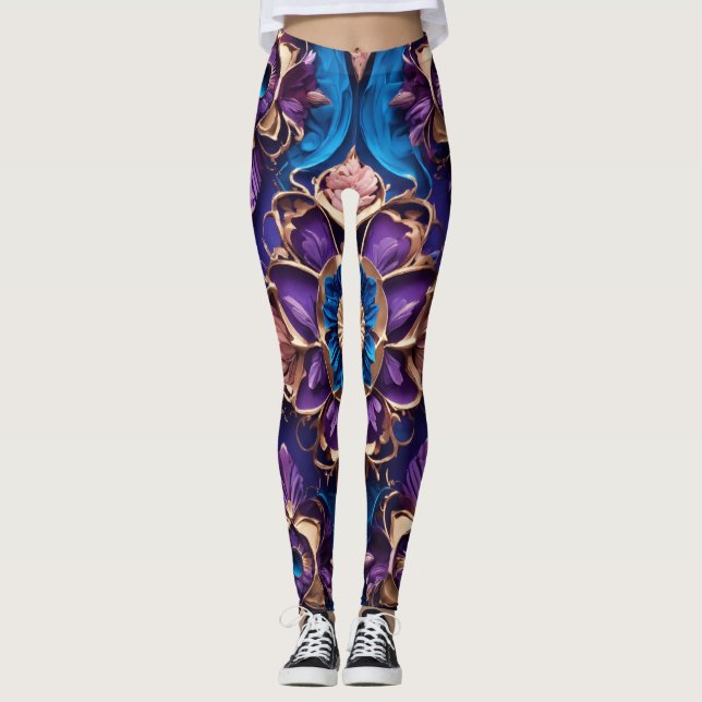 "Royal Blue Blossoms: Luxurious Floral Print Leggi Leggings (Front)