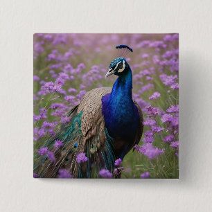 Royal Blue: Blue Peacock In Lavender Field, 15 Cm Square Badge