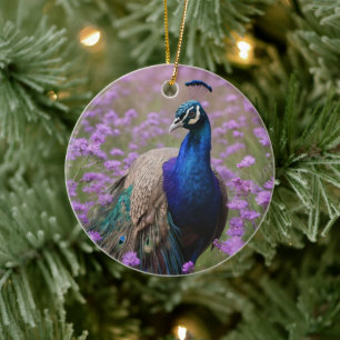 Royal Blue: Blue Peacock In Lavender Field, Ceramic Tree Decoration