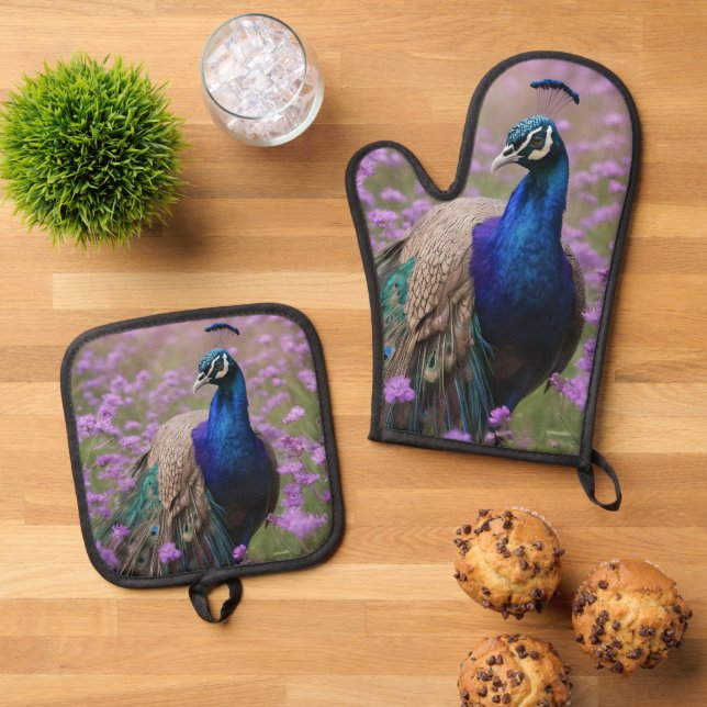 Royal Blue: Blue Peacock In Lavender Field, Oven Mitt & Pot Holder Set (Top Down)