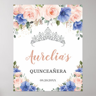 Royal Blue Blush Floral Quinceañera Tiara Welcome Poster
