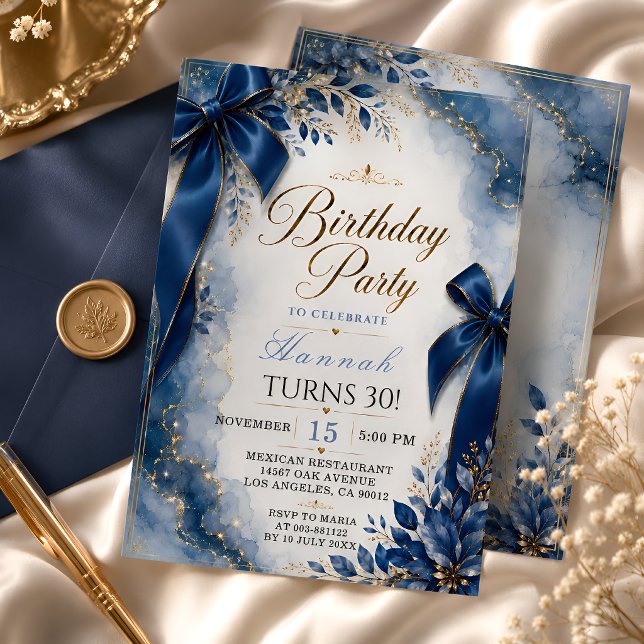 Royal Blue Bow 30th Birthday Invitation (Creator Uploaded)