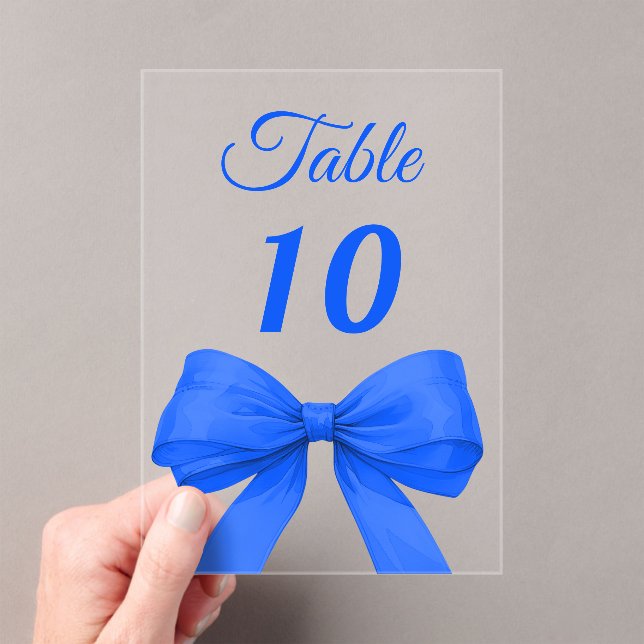 Royal blue bow acrylic table number sign (Insitu (Handheld))