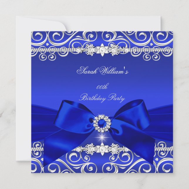 Royal Blue Bow Birthday Party Black Silver Invitation (Front)