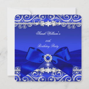 Royal Blue Bow Birthday Party Black Silver Invitation