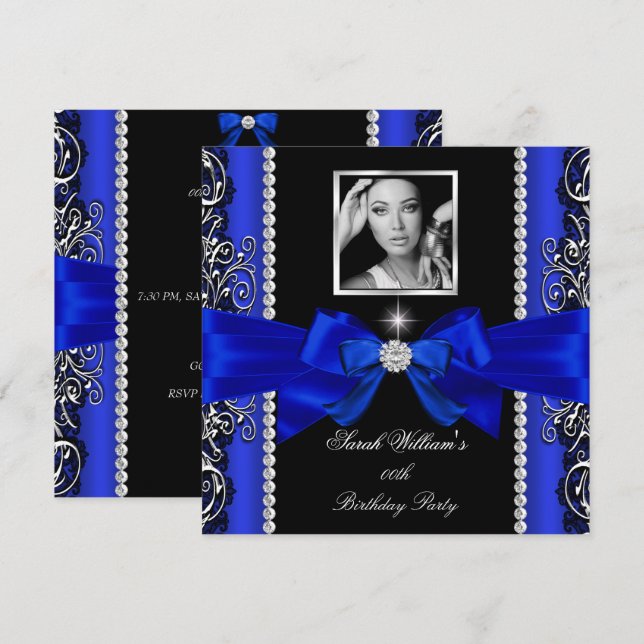Royal Blue Bow Birthday Party Black Silver Photo 2 Invitation (Front/Back)