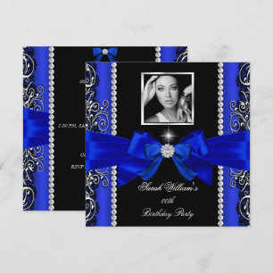Royal Blue Bow Birthday Party Black Silver Photo 2 Invitation