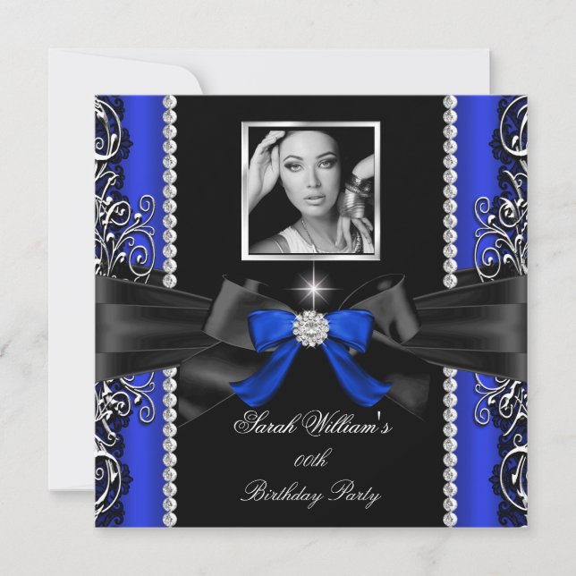 Royal Blue Bow Birthday Party Black Silver Photo Invitation (Front)