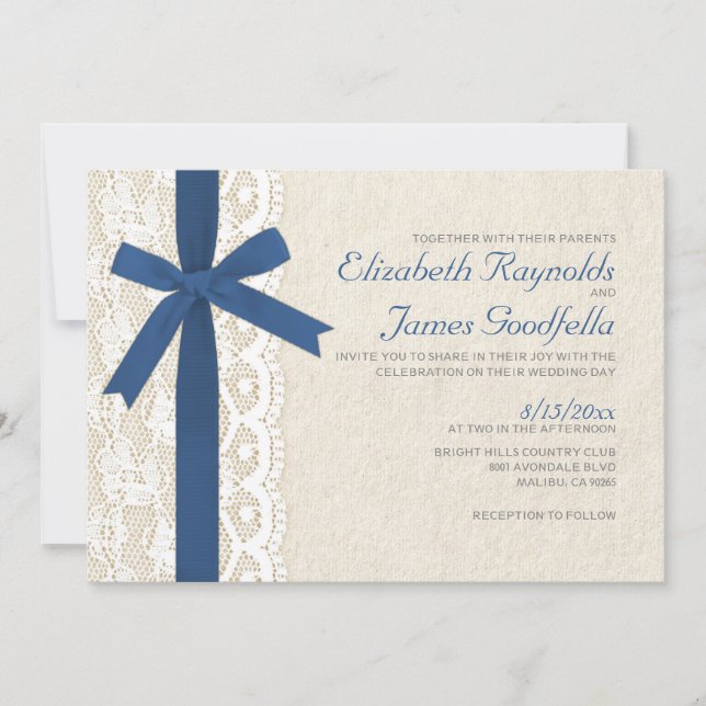 Royal Blue Bow & Lace Wedding Invitations (Front)