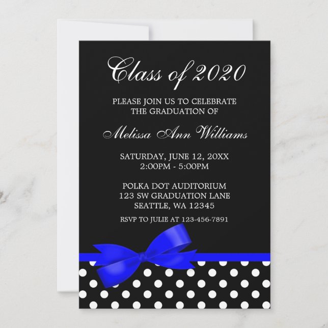 Royal Blue Bow Polka Dots Graduation Announcement (Front)