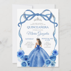 Royal Blue Bow Princess Silver Crown Quinceañera Invitation
