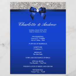 Royal Blue Bow Silver Sequins Wedding Program