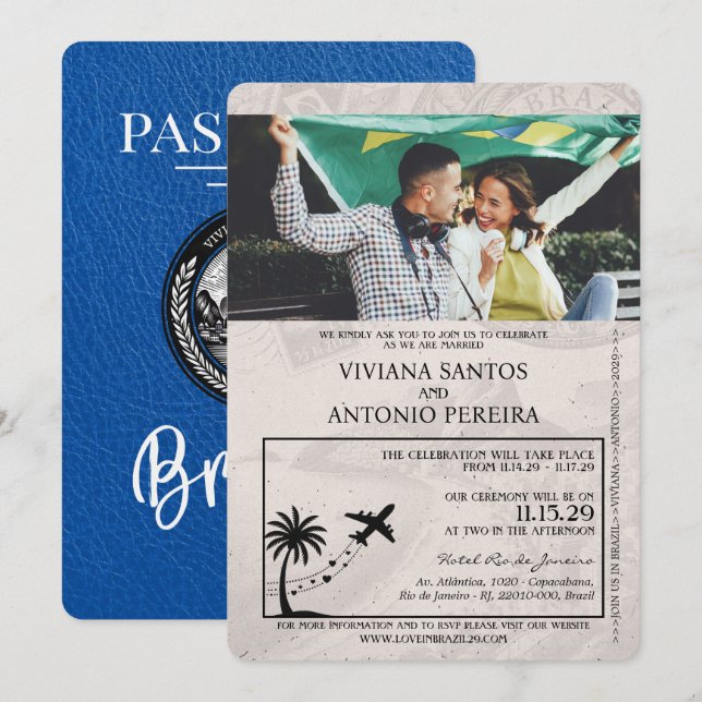 Royal Blue Brazil Passport Wedding Invitation (Front/Back)