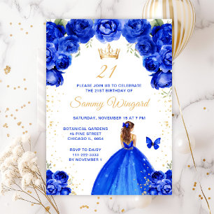 Royal Blue Brown Hair Princess Birthday Party Invitation
